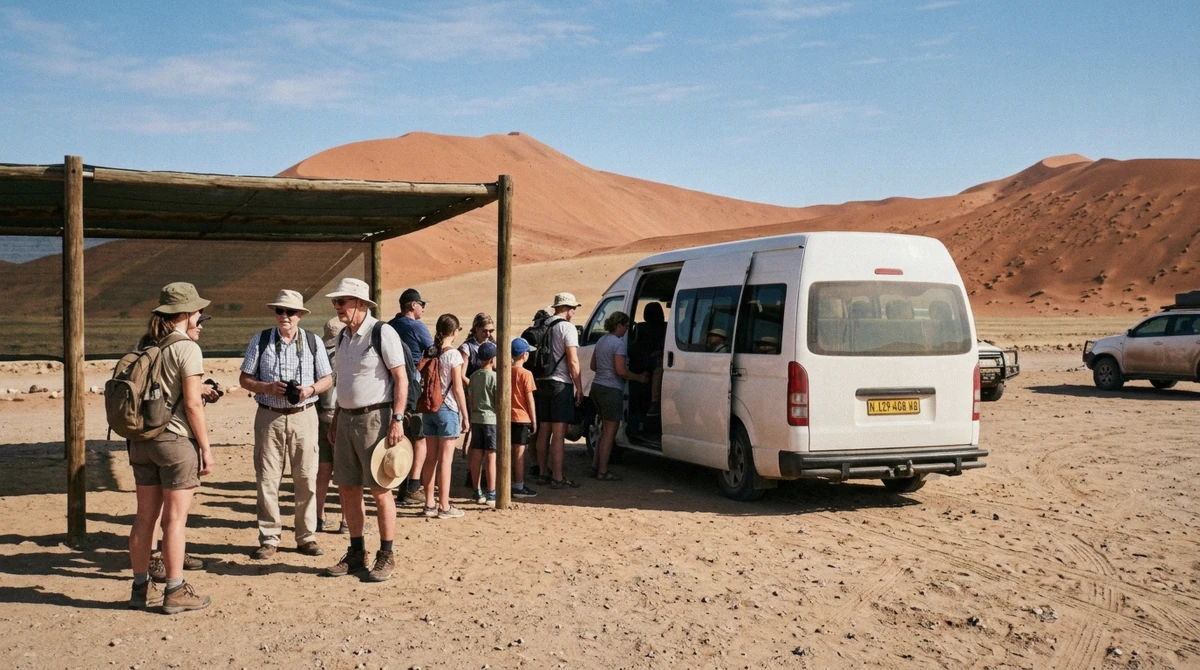Day visitors queuing beside a shuttle van at the 2x4 parking near Sossusvlei in Namibia